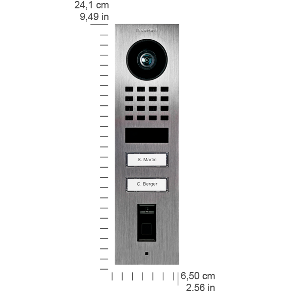 Stainless steel video door intercom with camera lens and two engraved call buttons
