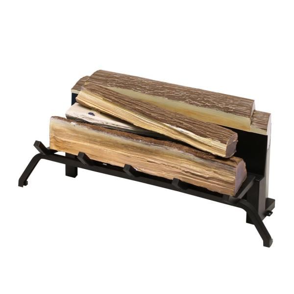 Faux wood log set accessory with stacked logs on black metal grate