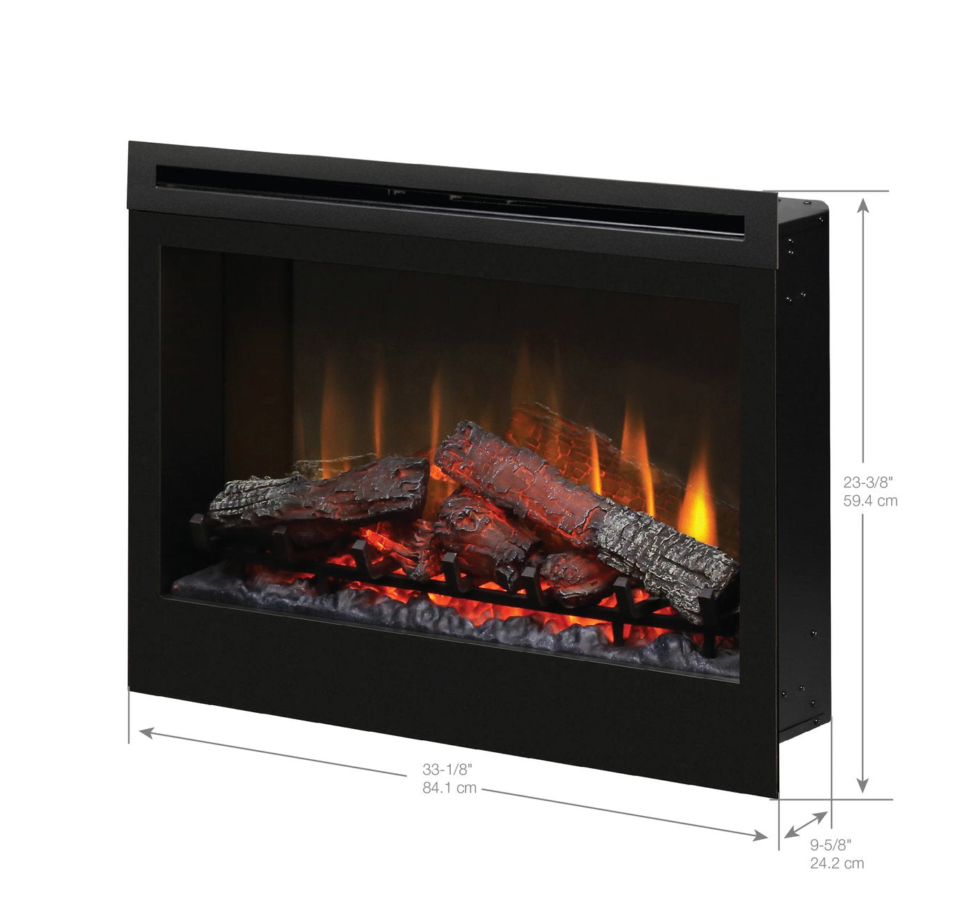 Electric log firebox insert with front flame window and black metal frame
