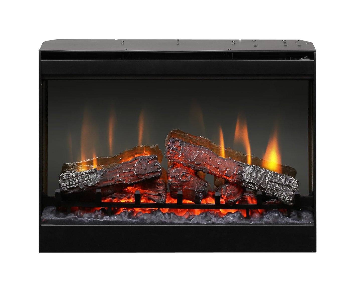 Black electric log firebox insert with glowing log bed and orange flame effect