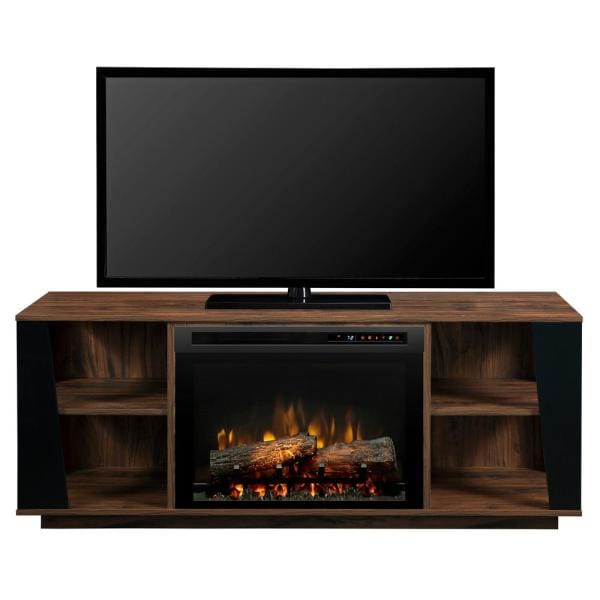 Walnut media console with built-in electric fireplace and black center panel