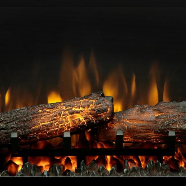 Electric fireplace logs with orange flame glow behind dark ember bed