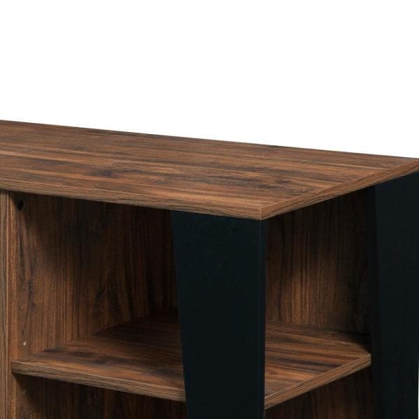 Walnut media console corner shelf with black vertical support and wood grain