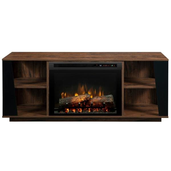 Walnut media console with electric fireplace, open side shelves, front view
