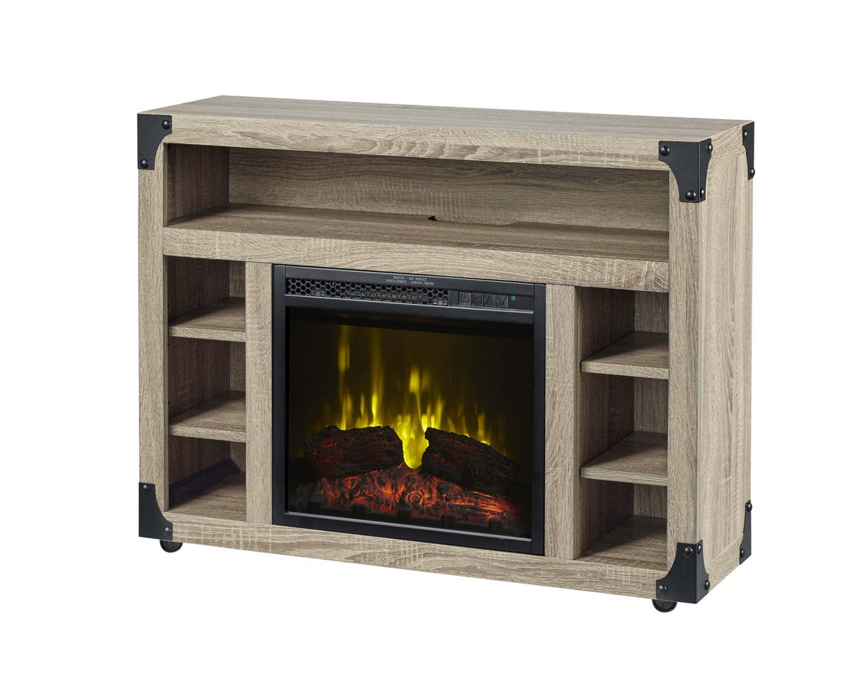 Distressed oak media console with electric fireplace insert and open storage bays