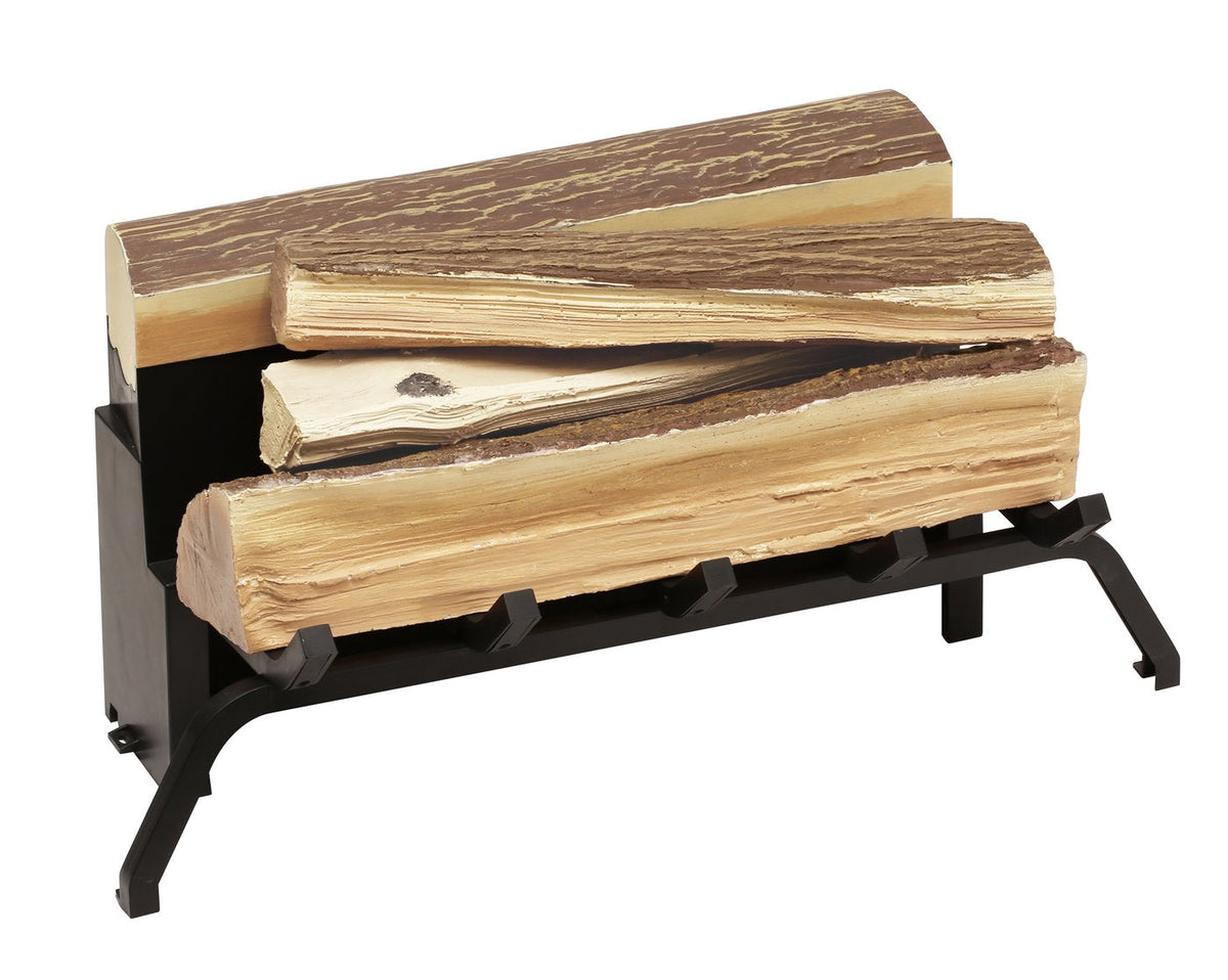 Faux cut logs on black metal fireplace log stand