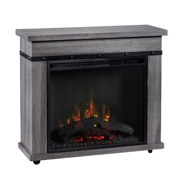 Charcoal oak electric fireplace mantel with black glass front and visible orange flame