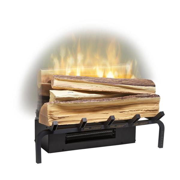 Fresh-cut log set with tall flame on black electric fireplace grate, angled view
