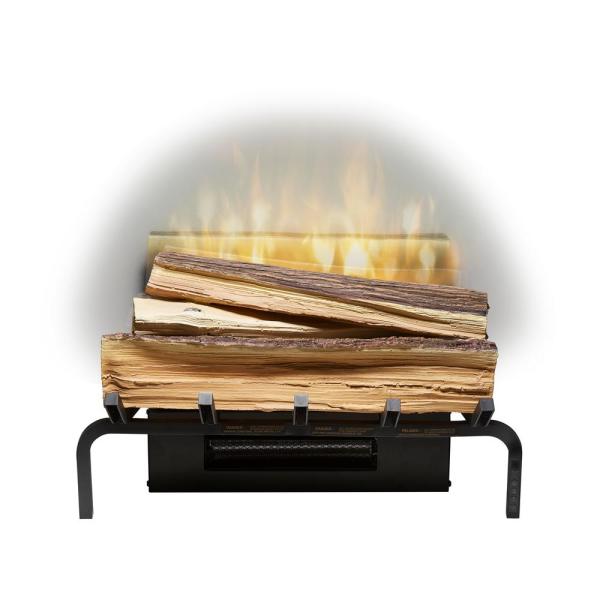 Fresh-cut log set with glowing flames on black electric fireplace grate