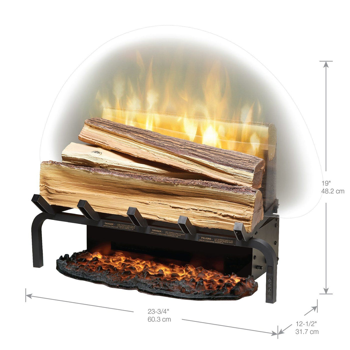 Electric fireplace insert log set with glowing flames and black base, fresh-cut wood