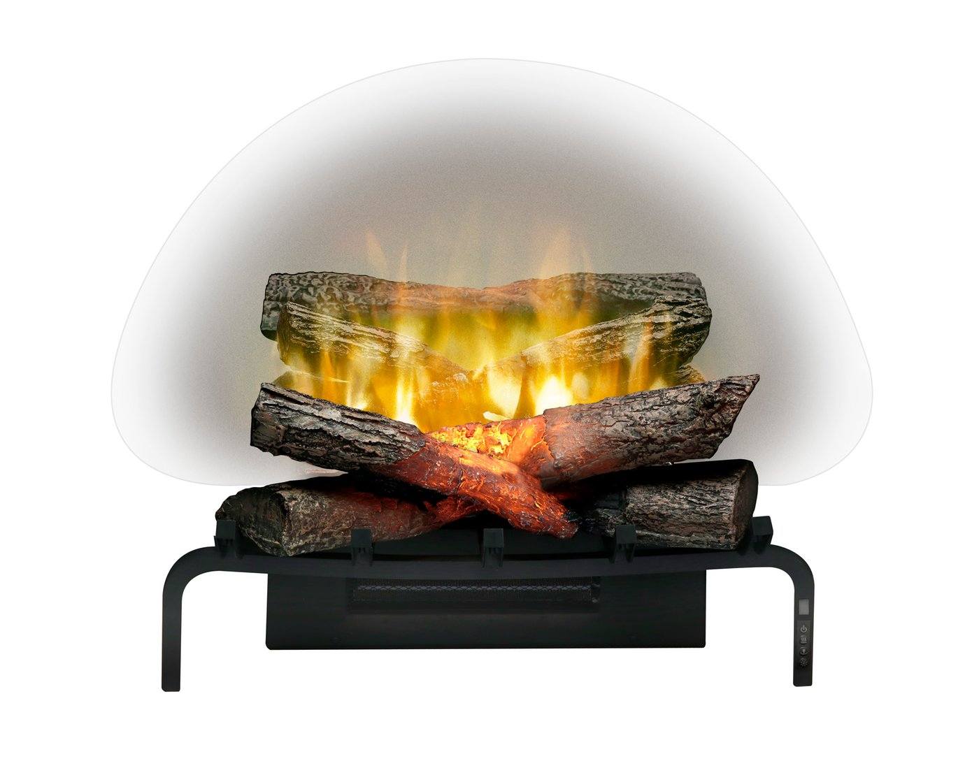 Electric fireplace log set with glowing amber flames behind dark split logs