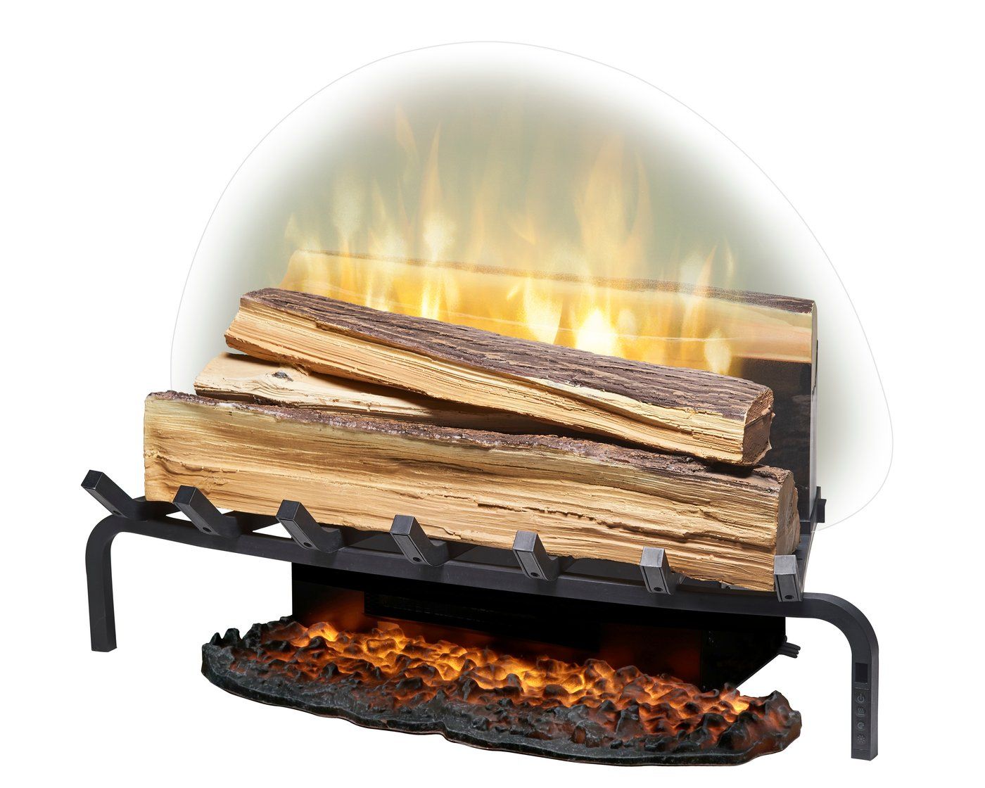 Fresh-cut wooden logs on black rack with glowing ember base and flame