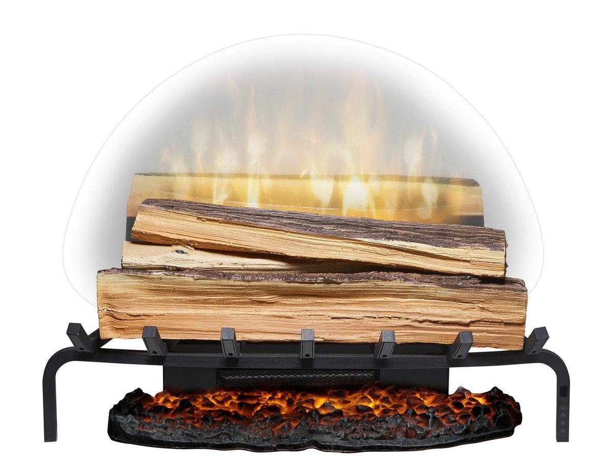 Stacked fresh-cut wooden log set on black burner with realistic flame effect