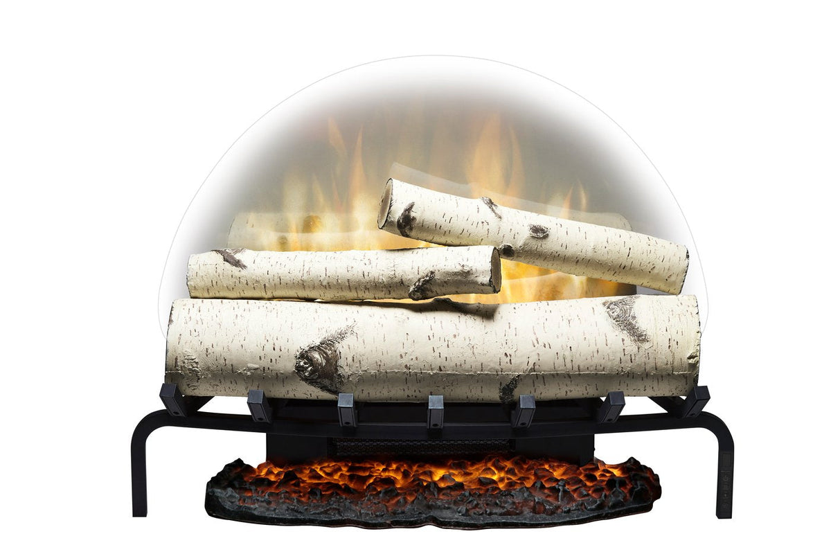 Front view of birch-style electric fireplace insert with three logs and glowing ember base