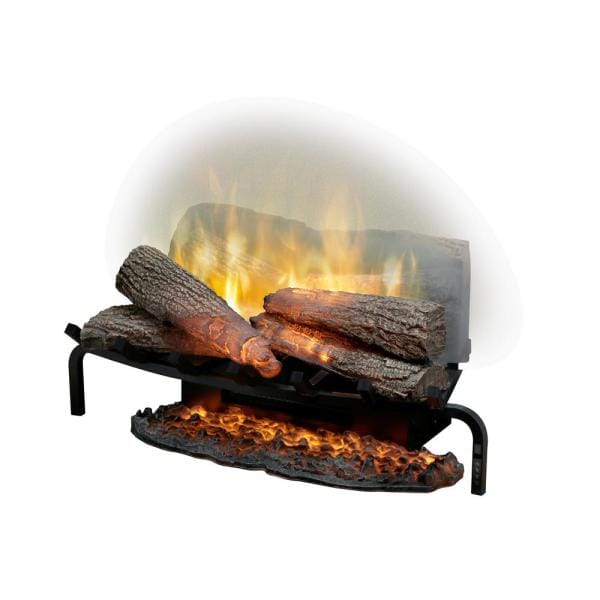 Electric log set with glowing flames and dark faux logs on black metal grate