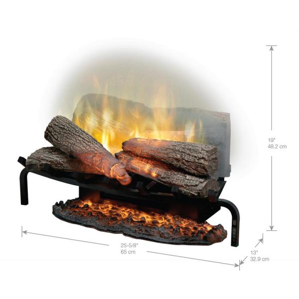 Electric log set with two log layers and glowing flame effect in dark faux logs