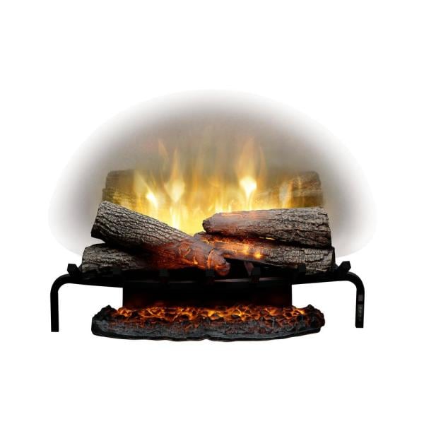 Electric log set with glowing amber flames behind dark faux wood logs