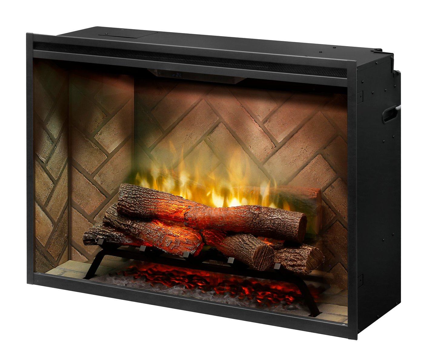 Built-in electric firebox with dark frame, glowing embers and burning log set
