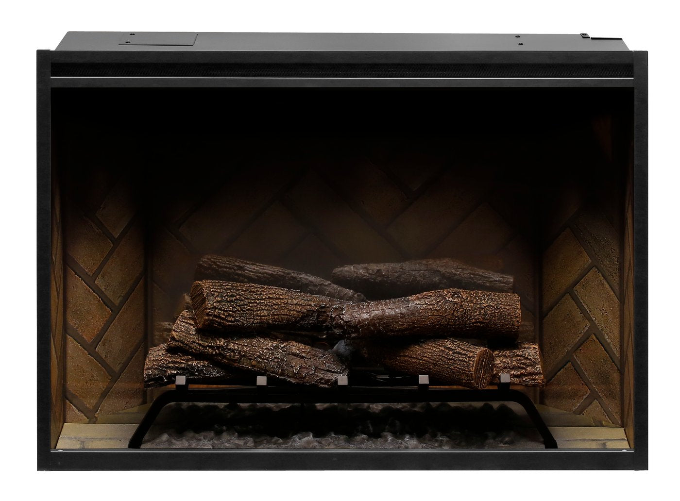 Built-in electric firebox front with stacked logs and glowing embers, no flames