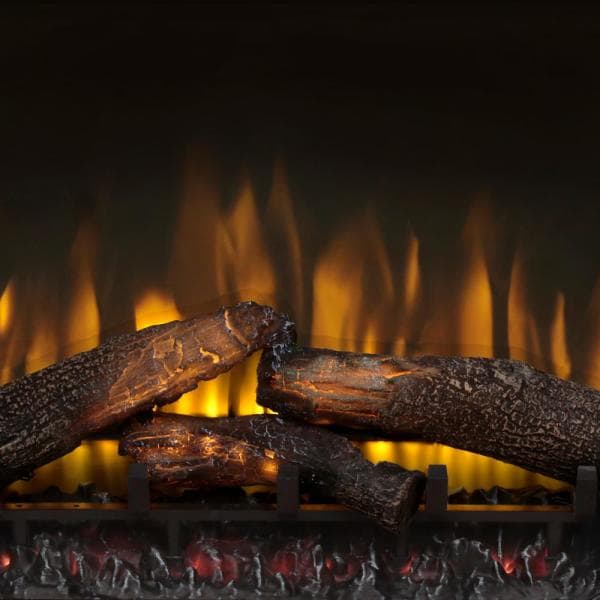 Electric fireplace log set with glowing embers and orange flame effect
