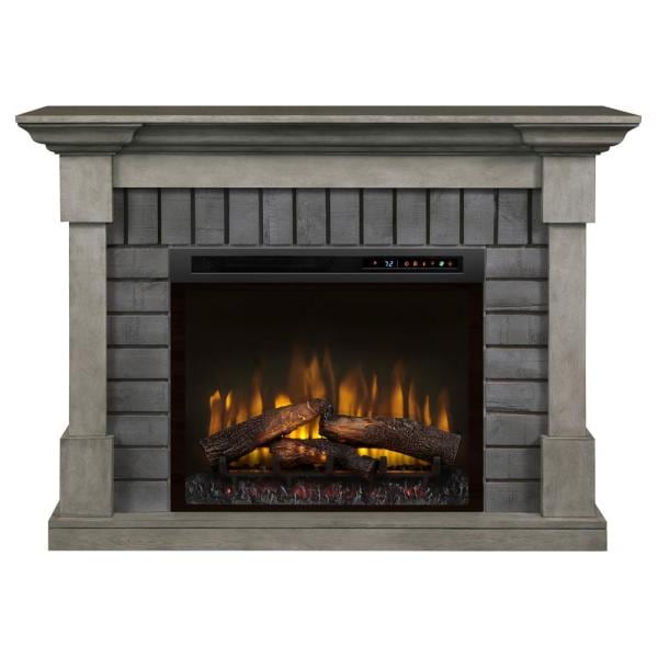 Grey electric fireplace mantel with 28-inch insert and glowing log flames