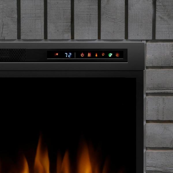 Electric fireplace control panel with LED indicators above dark firebox opening