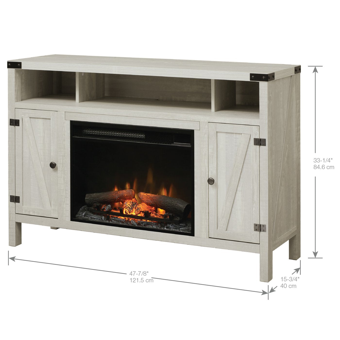 White media console electric fireplace with central glass viewing window and cabinet doors