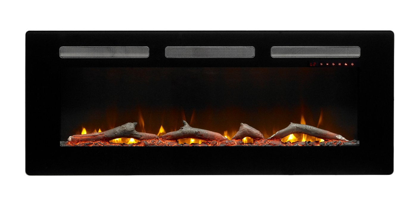 Black linear electric fireplace with glowing logs and flame effect, front view