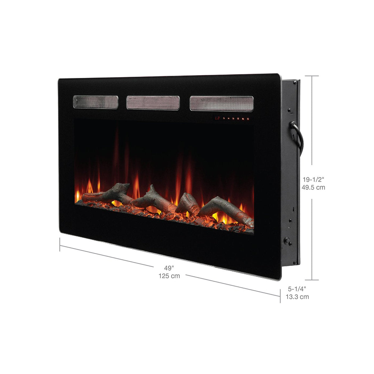 Black linear electric fireplace with flame window, side profile with dimensions