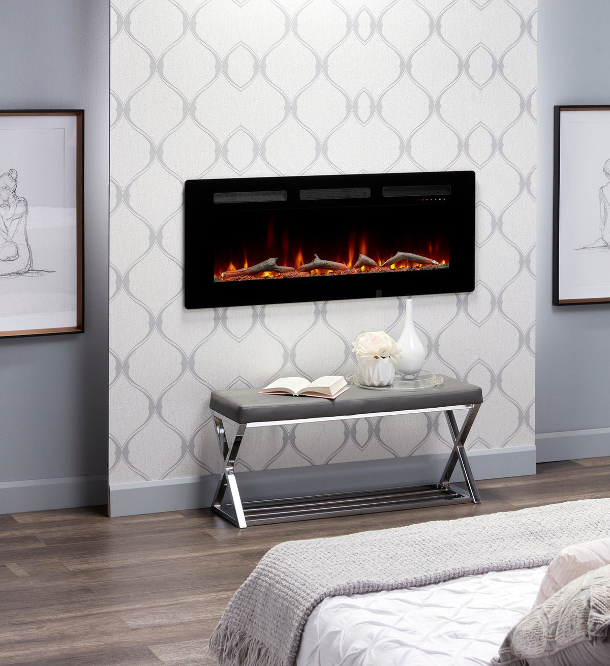 Wall-mounted black linear electric fireplace with flame and ember bed, front view