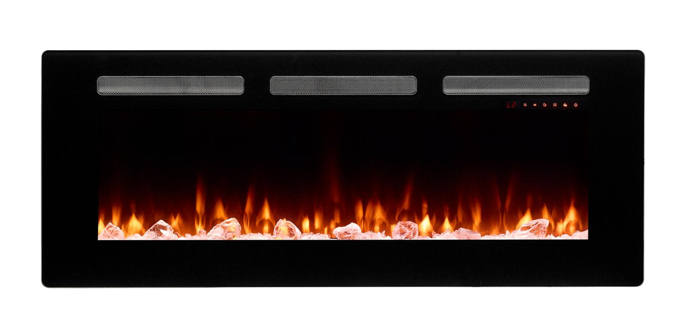 Black 48-inch linear electric fireplace with flame and ember bed, front view