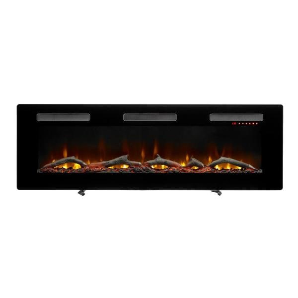 Black linear electric fireplace insert with flame display and control light indicators