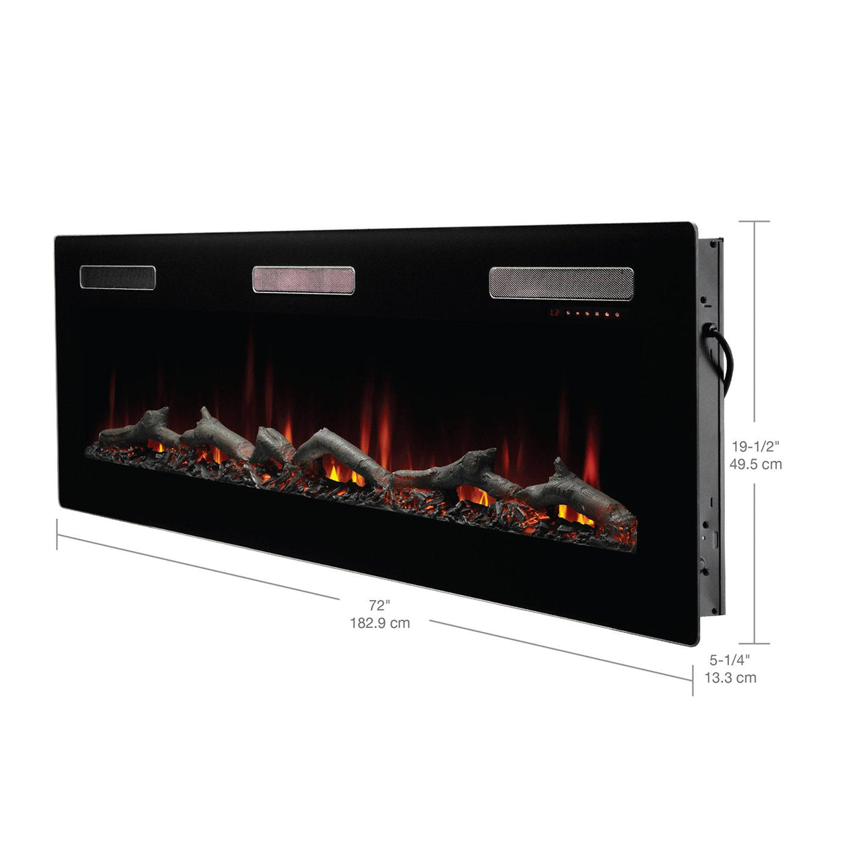 Black linear electric fireplace with flame window; 72 in width with side depth shown