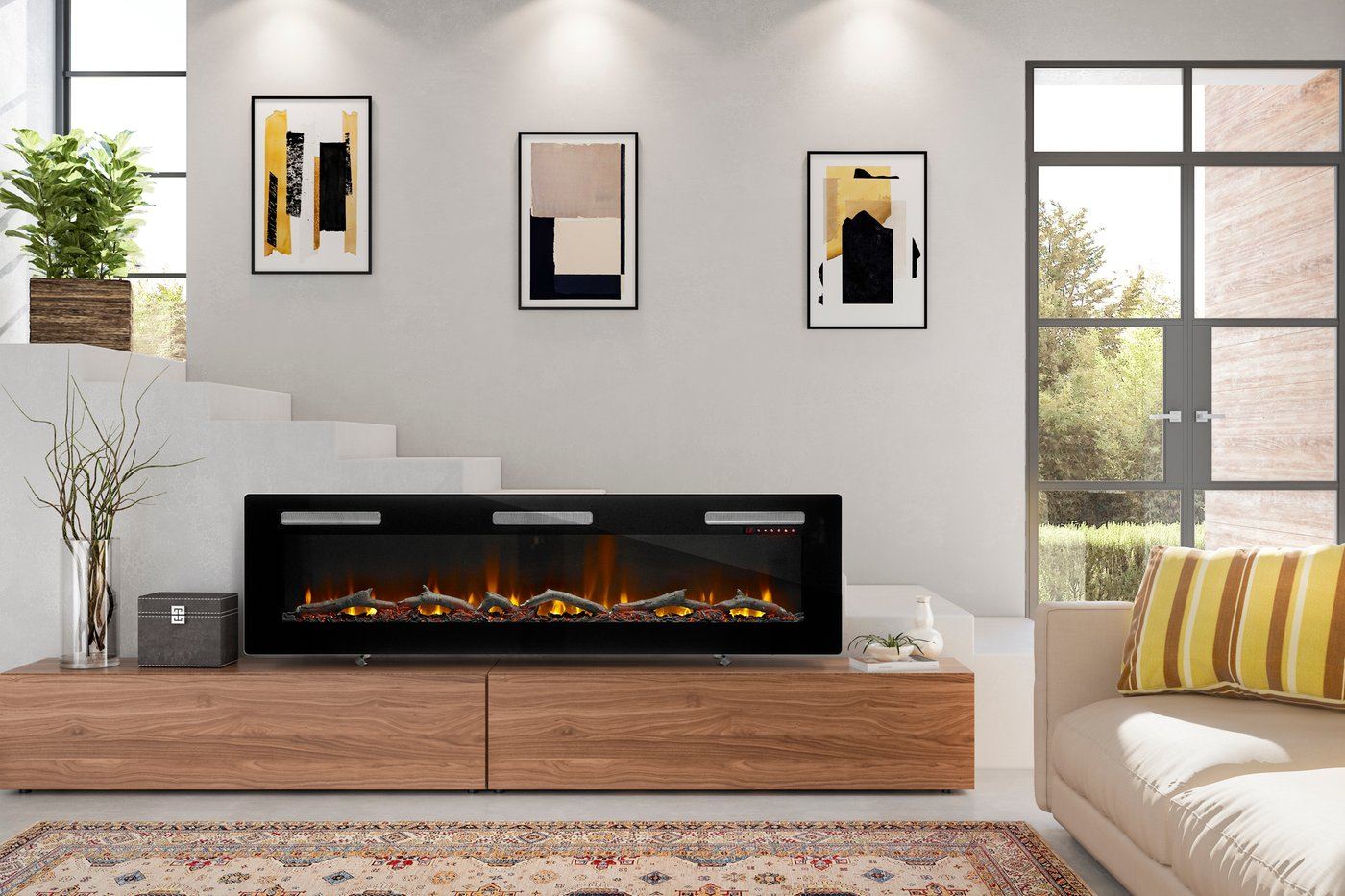 Black linear electric fireplace with flame display and built-in media console