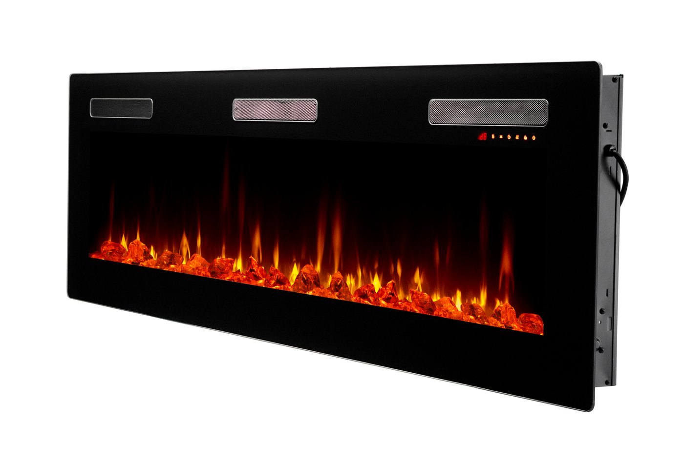 Black linear electric fireplace with glowing flame effect and front control panel