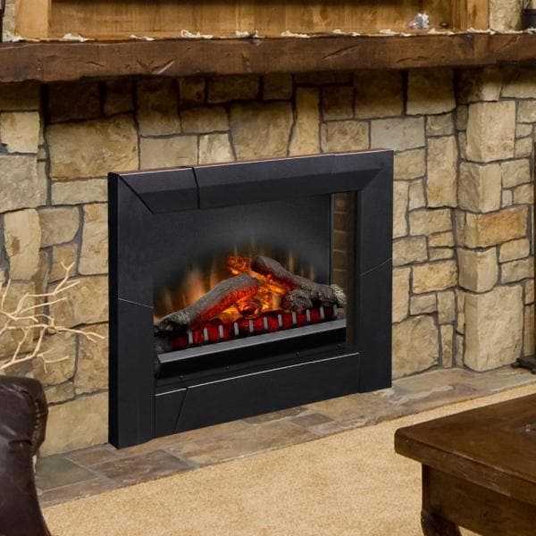 Black adjustable fireplace trim surround with rectangular opening around an electric firebox