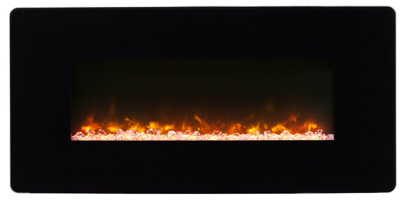 Black linear electric fireplace with bright ember flames across the log bed