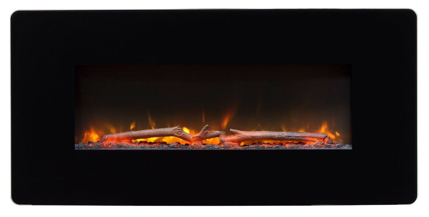Black linear electric fireplace with glowing logs and wide flame display