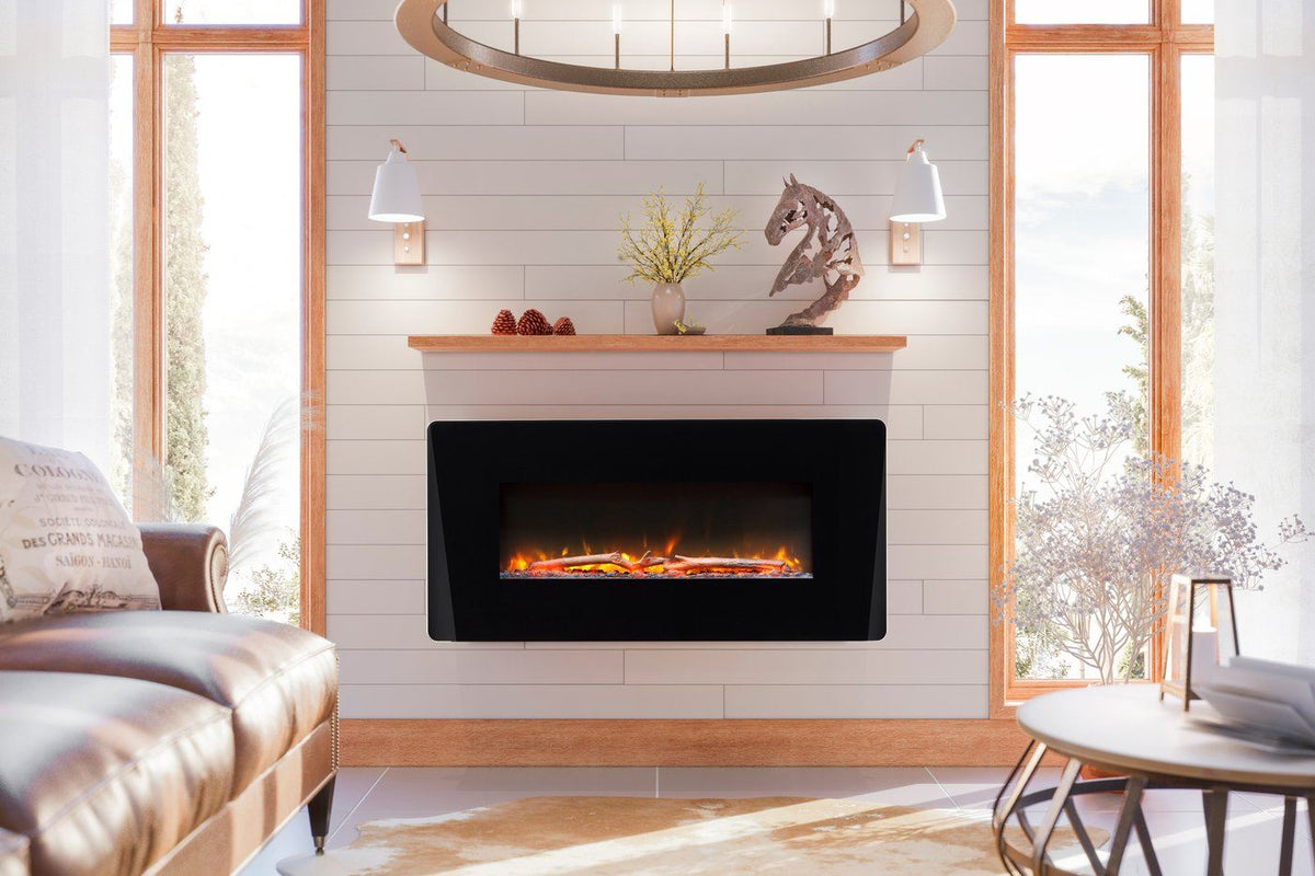 Black linear electric fireplace mounted on a white wall with flame display