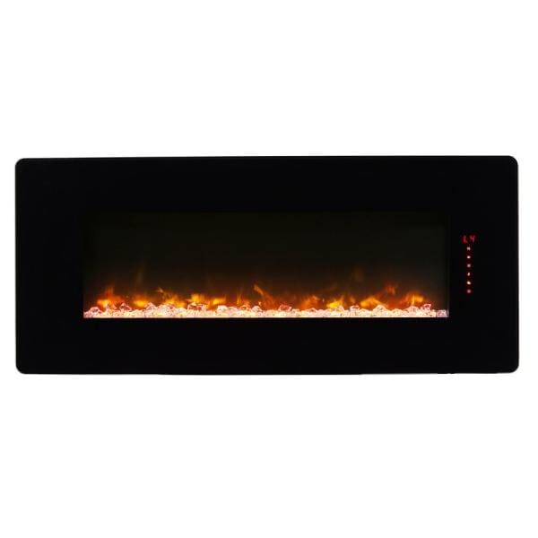 Black linear electric fireplace with burning flame effect and red LED indicators