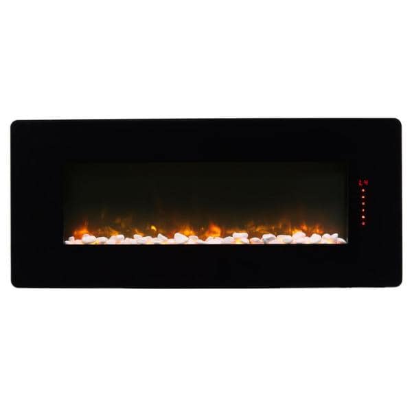 Black linear electric fireplace with white-look rocks or logs, flames, and red LEDs