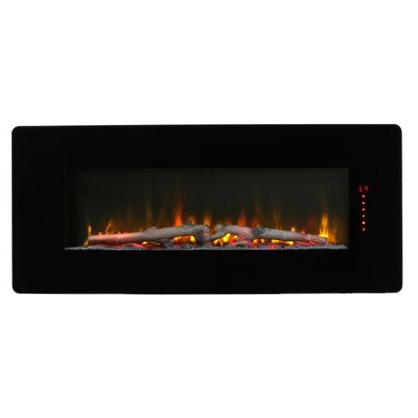 Black linear electric fireplace showing ember bed flames with red LED light strip