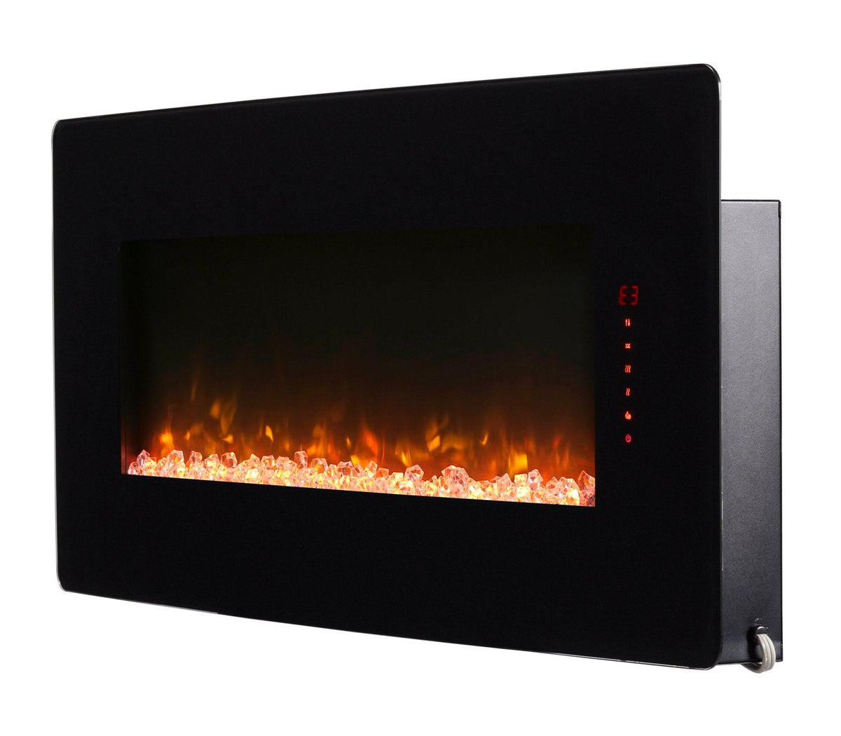 Black linear electric fireplace side view with flame effect and red LED control