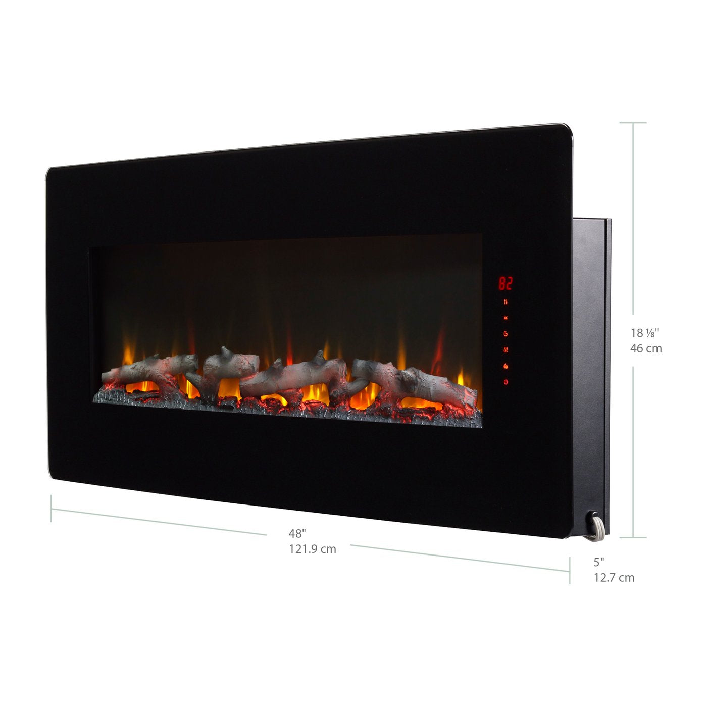 Black linear electric fireplace with flame window and red LED temperature display