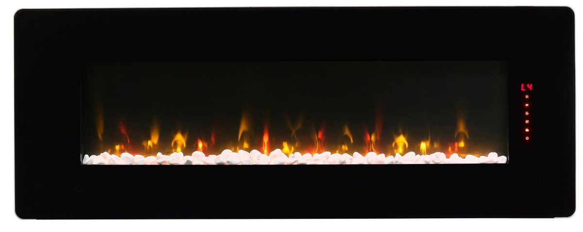 Black linear electric fireplace front panel with flame window and ember bed