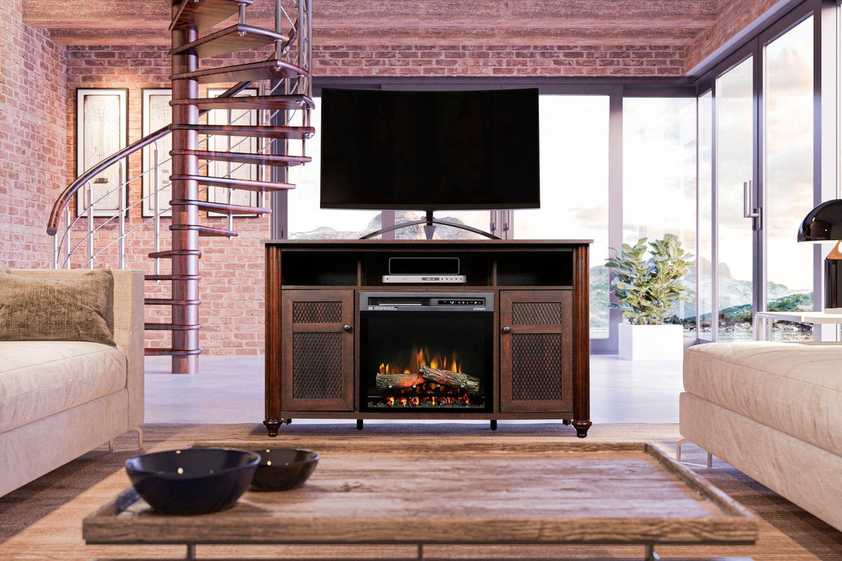 Electric fireplace entertainment console in warm brown wood with open media shelf and flame