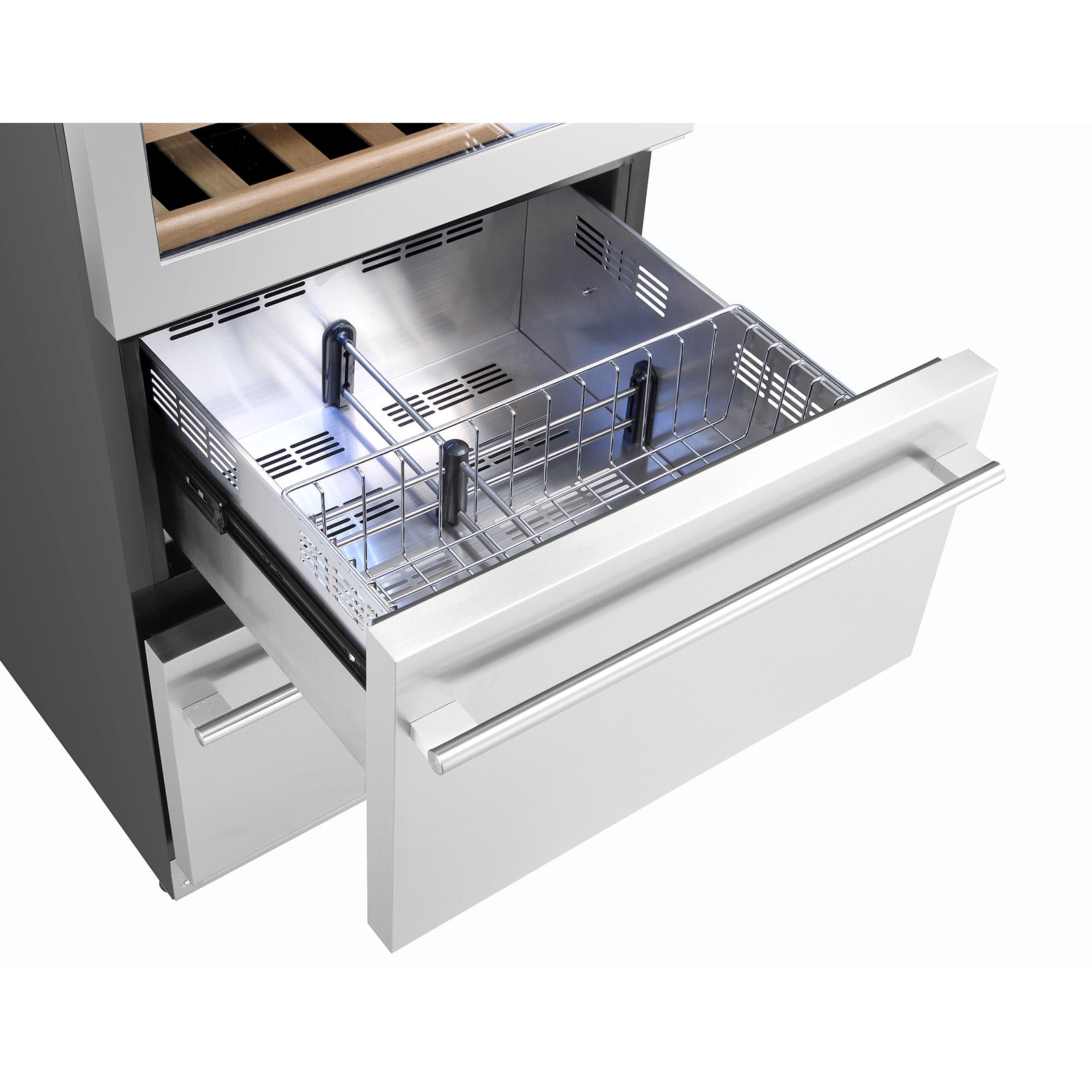Wine cooler drawer with removable wire rack for storing bottles and accessories