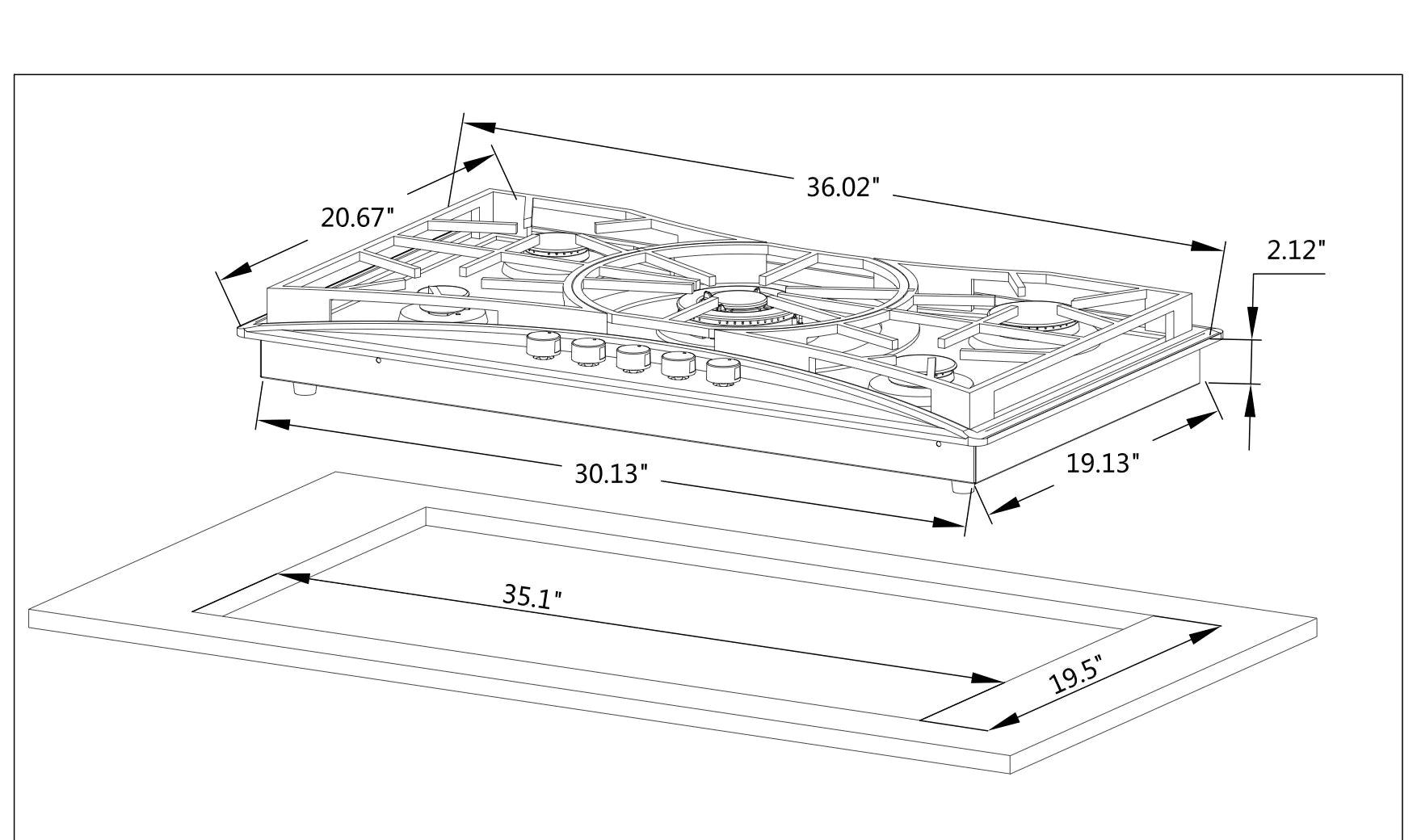 Gas cooktop dimension diagram with 36.02 in width and 19.5 in depth