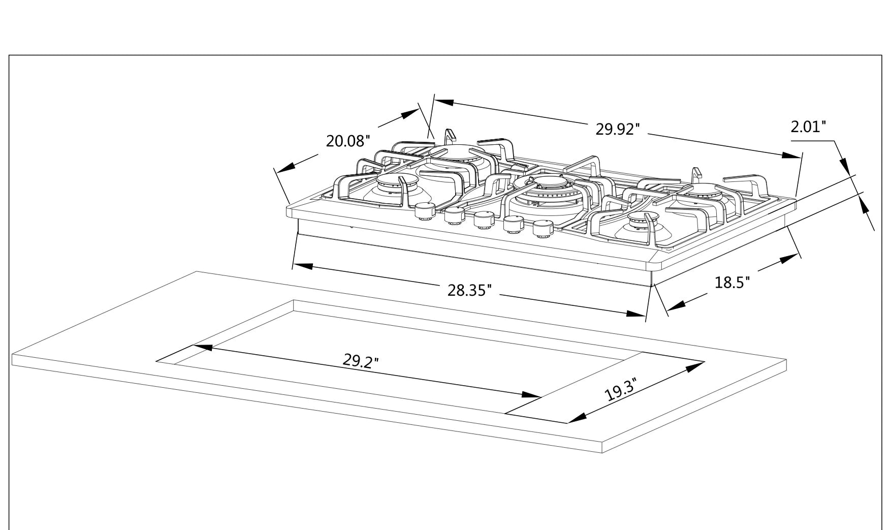 Product dimensions diagram for a stainless steel built-in natural gas cooktop