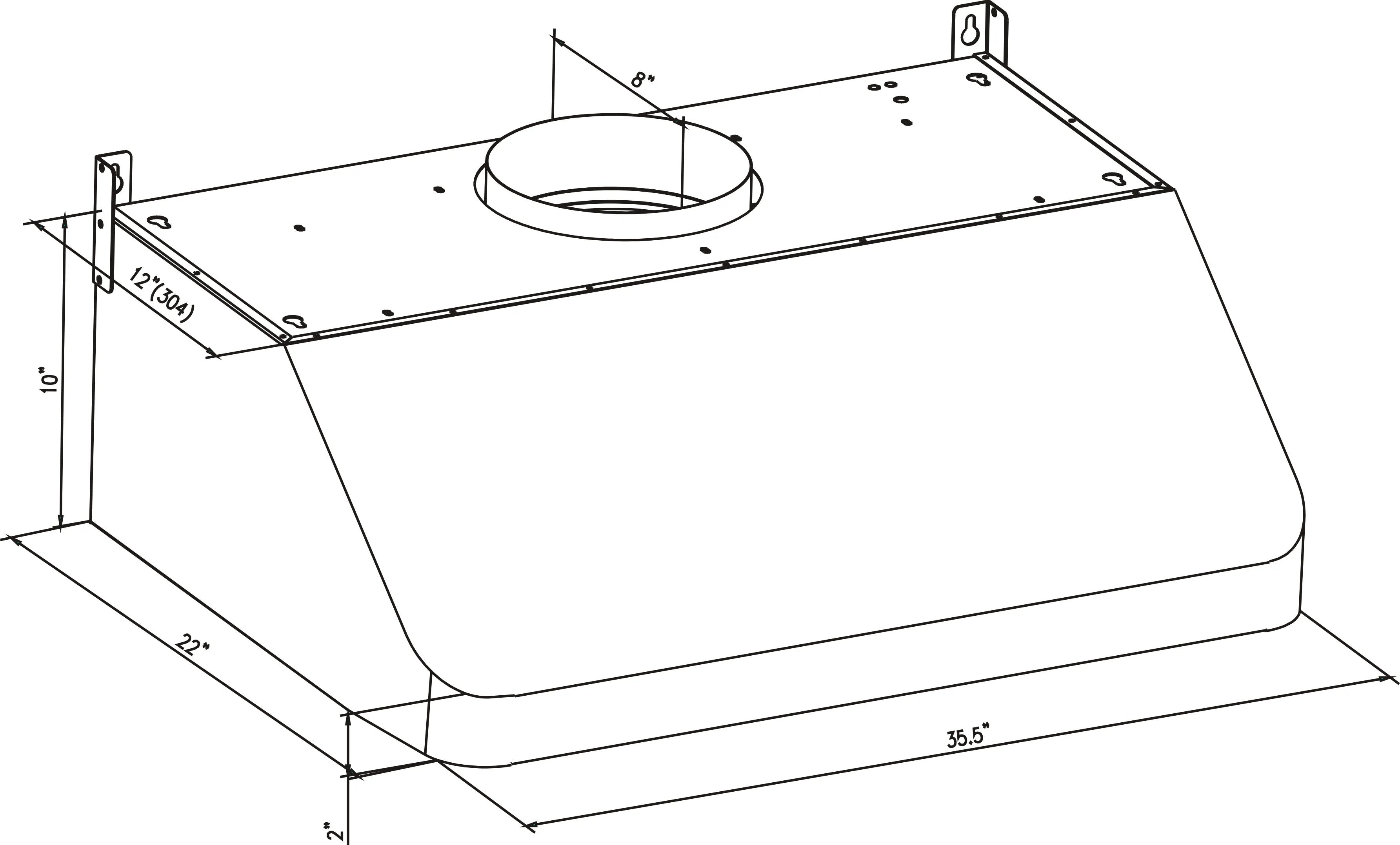 Ducted range hood underside dimensions drawing with duct collar and mounting points